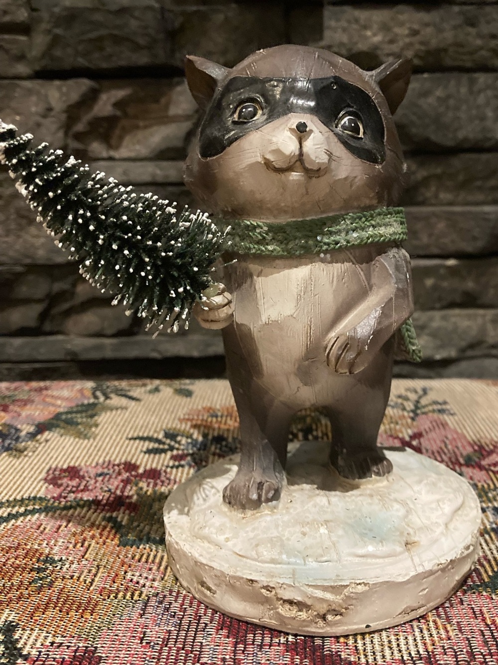 Holiday Raccoon Figurine with Scarf and Tree